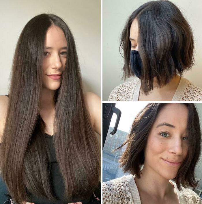 Before and after hair transformations showing long straight hair changed to a stylish short wavy haircut on a woman.