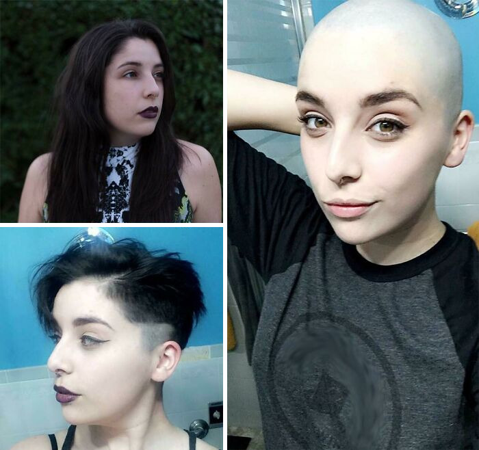 Three women showing gorgeous hair transformations including long hair, undercut, and a completely shaved head.