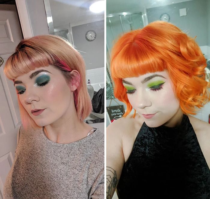 Side-by-side photos of a woman with gorgeous hair transformations featuring pastel pink and vibrant orange hairstyles.