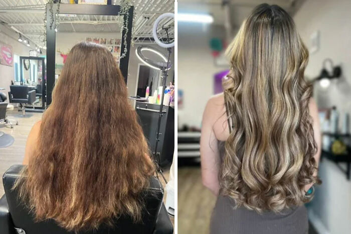 Before and after hair transformation showing gorgeous long brown hair styled with soft curls in a salon setting.