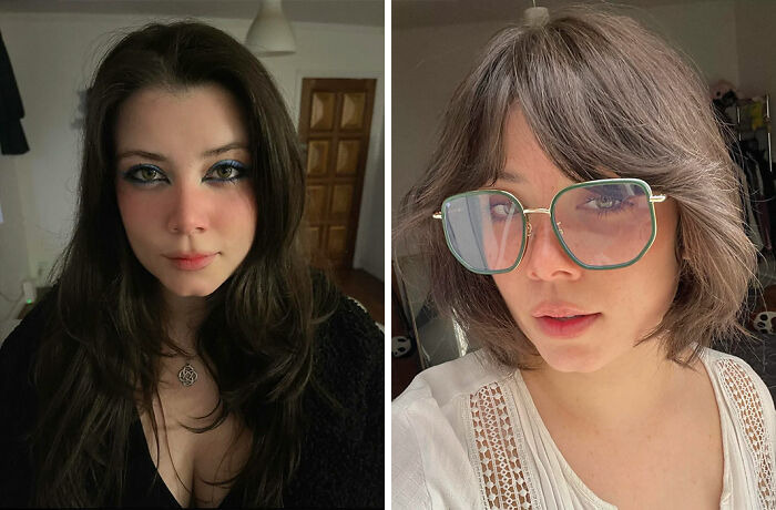 Side-by-side photos of a woman showing gorgeous hair transformations with long dark hair and short layered haircut.