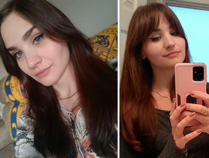 Side-by-side photos of a woman showing gorgeous hair transformations with different hairstyles and colors.