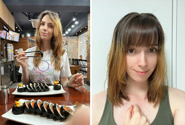 Young woman showing her gorgeous hair transformation with new hairstyle and color in casual indoor settings.