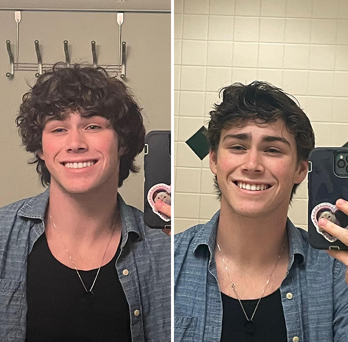 Side-by-side selfies of a young man showing a stylish hair transformation with curly and short textured hairstyles