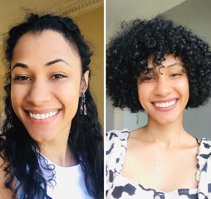 Before and after gorgeous hair transformations showing natural curly hair styled in different looks and lengths.