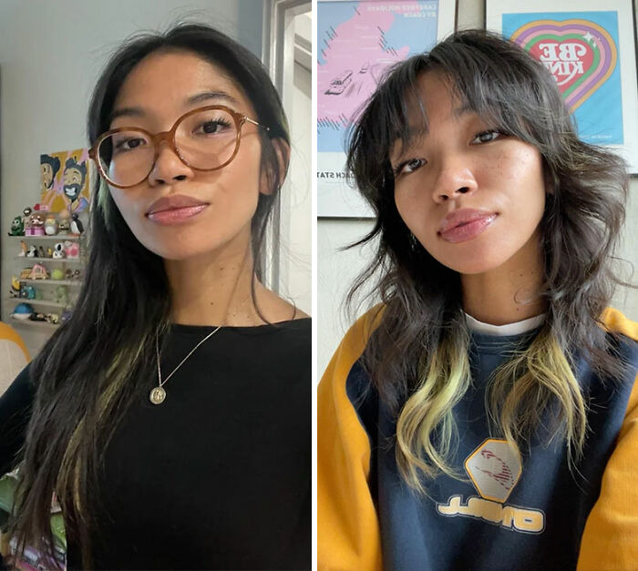 Before and after hair transformation of a young woman showing long straight hair and shorter layered hair with dyed tips.