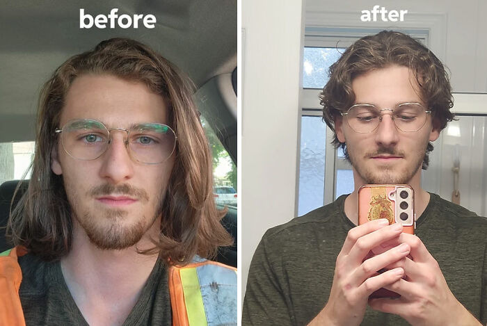 Young man with glasses showing before and after gorgeous hair transformation with shorter, styled haircut.