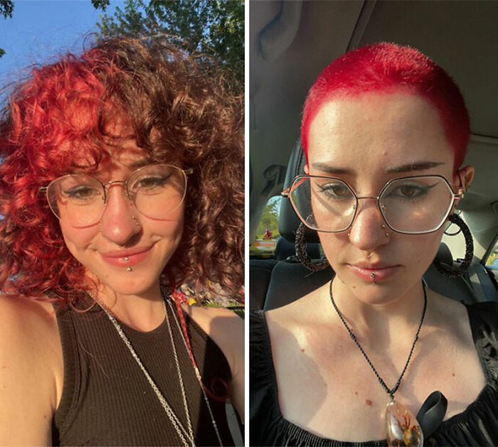 Side-by-side photos showing a woman’s gorgeous hair transformations from curly red hair to a bright red buzz cut style.