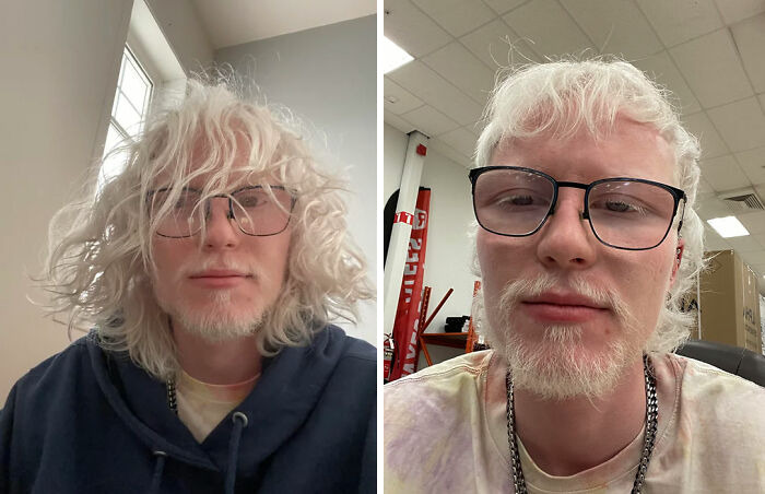 Young person showing a stunning hair transformation with curly long hair to short styled hair wearing glasses indoors.