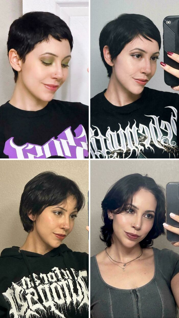 Different gorgeous hair transformations shown by a woman with short to medium black hairstyles in selfies.