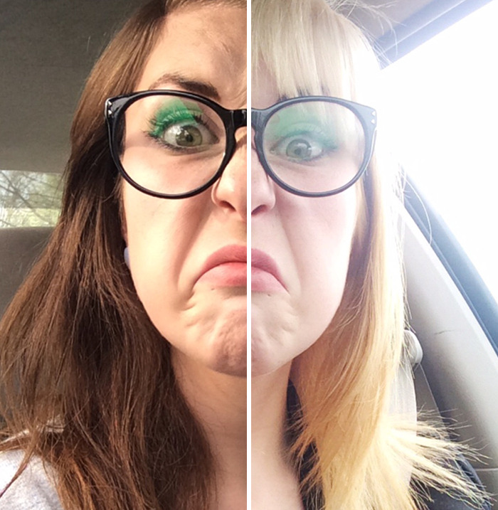 Split image showing a woman with gorgeous hair transformations from dark brown to blonde wearing black glasses.