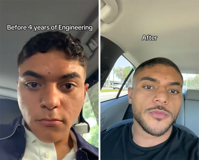 Before and after photos of an engineering student showing the physical changes after completing four years of engineering.