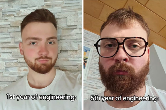 Before and after pics of an engineering student showing the struggle from 1st year to 5th year of studies.