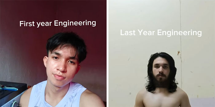 Before and after photo of an engineering student showing transformation and struggle from first year to last year engineering.