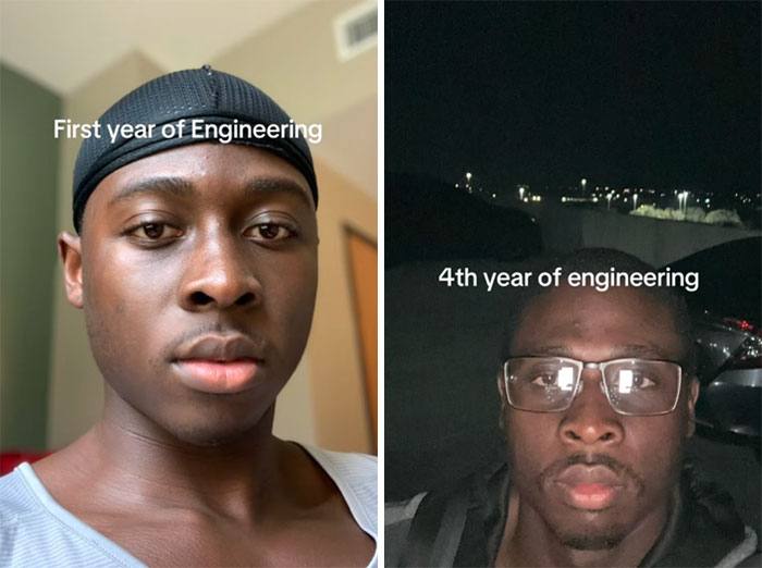 Before and after photos of an engineering student in the first year and fourth year showing the real struggle of engineering students.