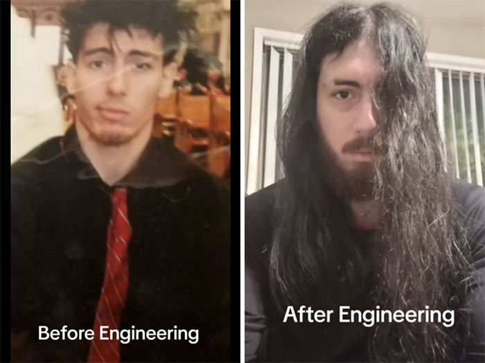 Before and after transformation of engineering students showing the real struggle and changes during their studies.
