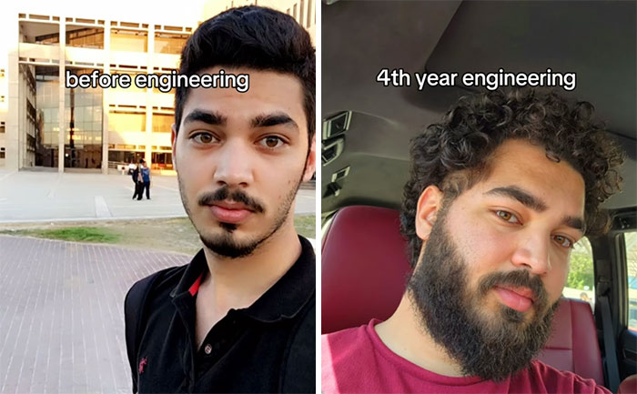 Before and after photos of engineering students showing changes from early to fourth year of engineering education.