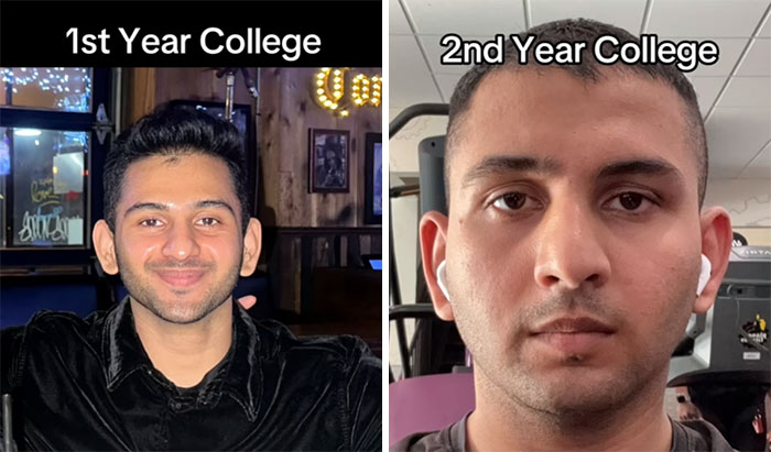 Side-by-side photos of an engineering student in 1st year and 2nd year college showing noticeable changes and the struggle.