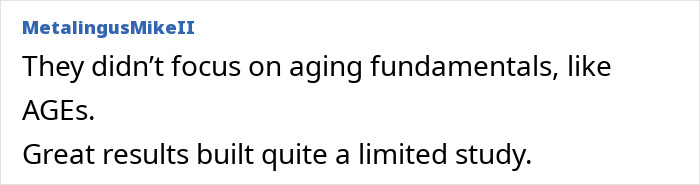 Screenshot of a comment discussing a surprisingly easy diet that can help you age like fine wine, referencing study results.