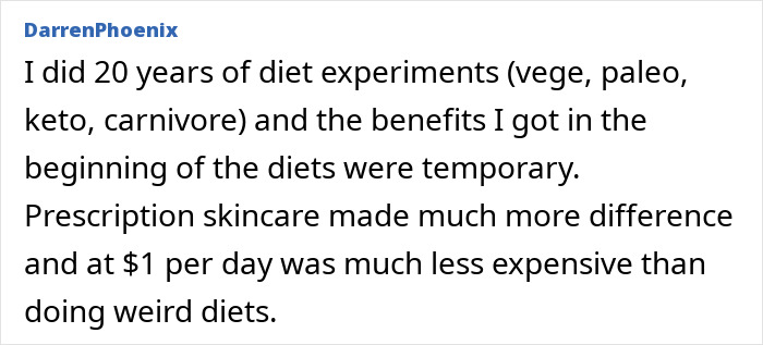 Text post by DarrenPhoenix sharing his 20 years of diet experiments and highlighting benefits of prescription skincare over diets.