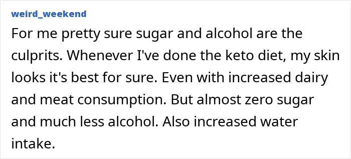 Comment about keto diet benefits for skin, highlighting low sugar, reduced alcohol, and increased water intake.