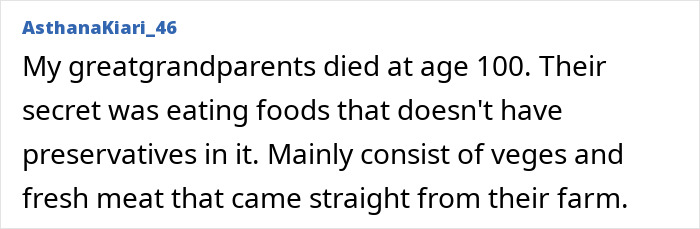 User comment about greatgrandparents living to 100 by eating fresh, preservative-free foods from their farm as an easy diet to age well