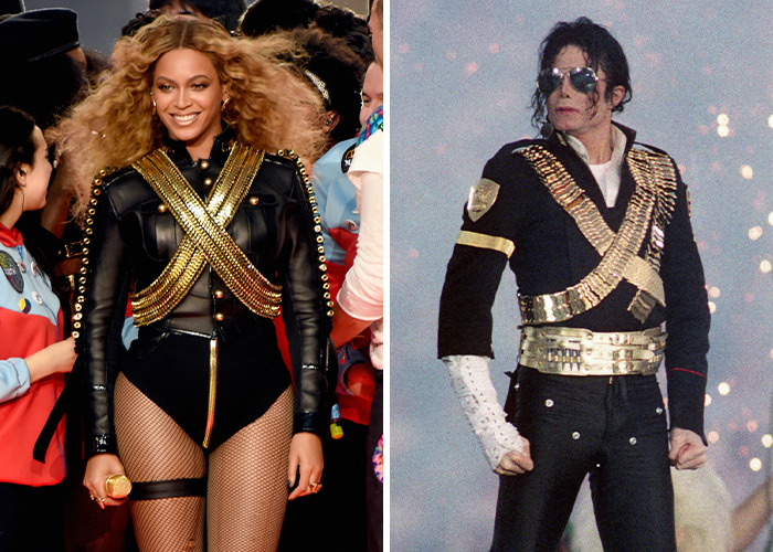 Beyoncé and Michael Jackson wearing iconic fashion reboots featuring gold military-style jackets and black outfits on stage.