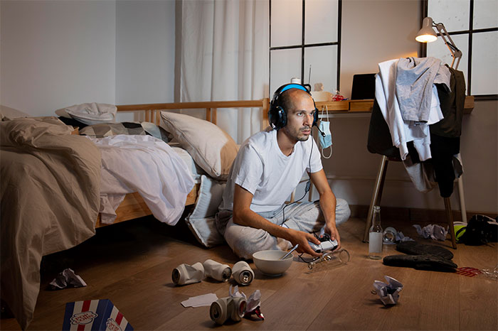 Man with headphones playing video games late at night in messy room reflecting 2AM dinner demand scenario. Man with headphones playing video games late at night in messy room reflecting 2AM dinner demand scenario.