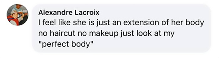Comment by Alexandre Lacroix reading about Bianca Censori's body, mentioning no makeup and perfect body appearance.