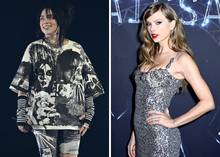 Billie Eilish performing live and Taylor Swift posing on the red carpet at the 2025 AMAs with cringeworthy moments.