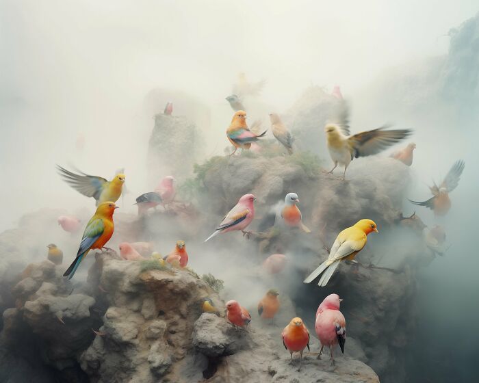 Colorful birds perched on rocky terrain surrounded by mist, showcasing beautiful but unsettling visions of the natural world.