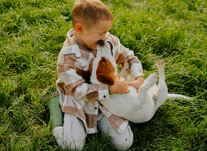 Toddler playing with a dog outdoors on grass, depicting parenting and child discipline themes in a natural setting. Toddler playing with a dog outdoors on grass, depicting parenting and child discipline themes in a natural setting.