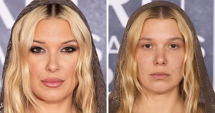 Side-by-side comparison of a Hollywood star with makeup and filters versus natural look revealed by a cosmetologist.
