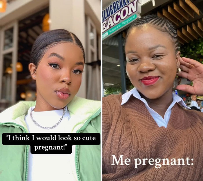 Two women showing changes in physical appearance during pregnancy with captions expressing different views.