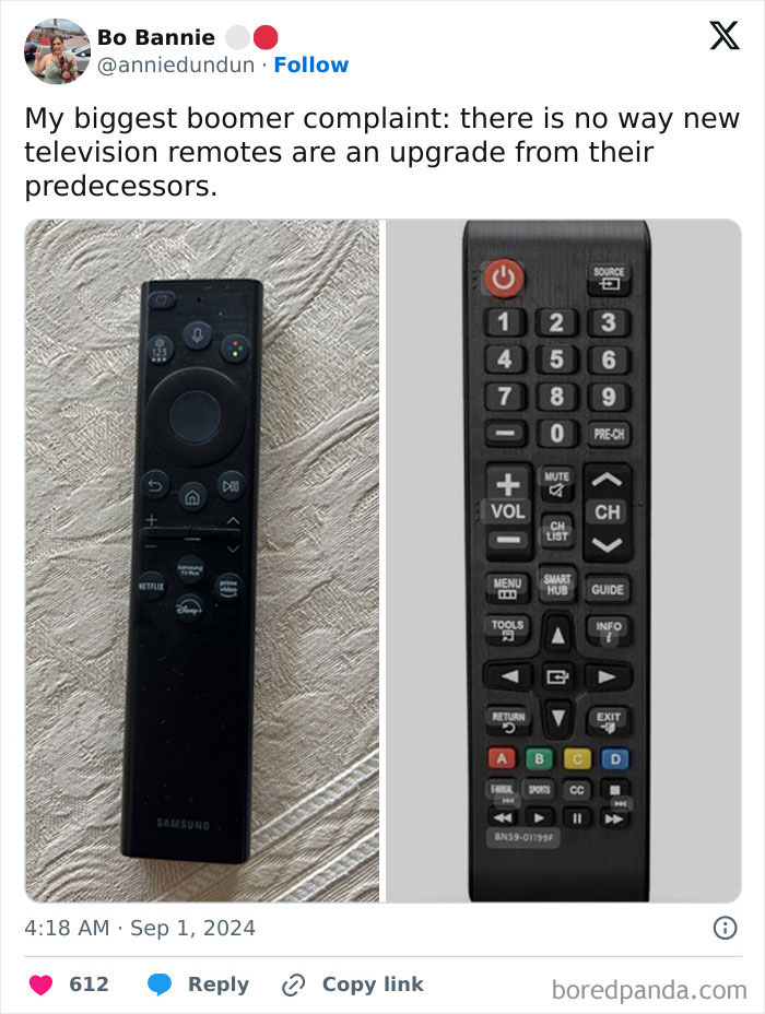 Side-by-side image of modern and older TV remotes illustrating boomer complaints about technology upgrades.