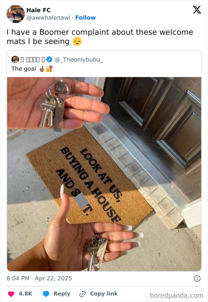 Hands holding physical keys over a welcome mat with text reflecting boomer complaints about car keys.