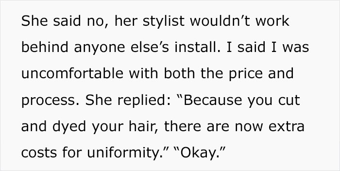 Alt text: Woman refuses to wear a wig at brother's wedding due to stylist issues and concerns over price and process. Alt text: Woman refuses to wear a wig at brother's wedding due to stylist issues and concerns over price and process.