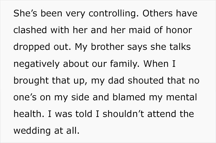 Text excerpt about family conflict as woman refuses to wear wig at brother's wedding causing tension and exclusion. Text excerpt about family conflict as woman refuses to wear wig at brother's wedding causing tension and exclusion.