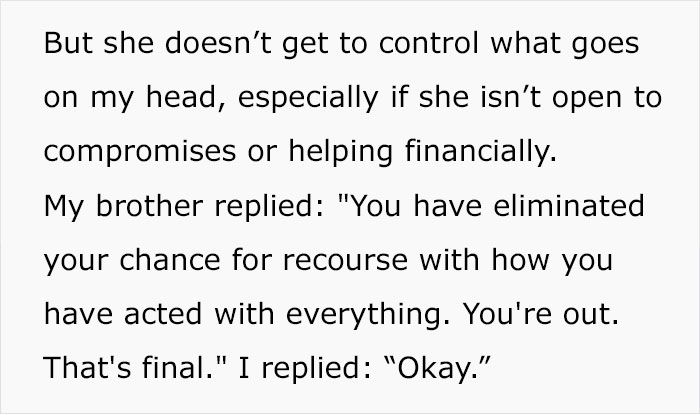 Text excerpt discussing a woman refusing to wear a wig at her brother's wedding, causing conflict and final decision. Text excerpt discussing a woman refusing to wear a wig at her brother's wedding, causing conflict and final decision.
