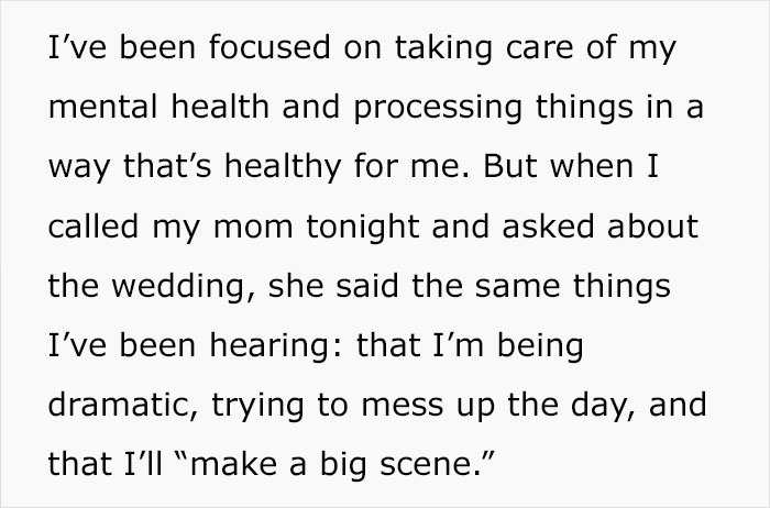 Text excerpt about a woman refusing to wear a wig at her brother's wedding, causing family conflict. Text excerpt about a woman refusing to wear a wig at her brother's wedding, causing family conflict.