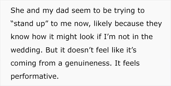 Alt text: Text about woman refusing to wear a wig at brother's wedding and family dynamics around the event Alt text: Text about woman refusing to wear a wig at brother's wedding and family dynamics around the event