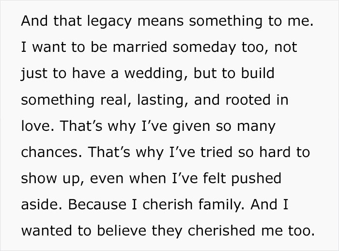 Text excerpt about a woman reflecting on family, marriage, and personal values at brother's wedding, refusing to wear a wig. Text excerpt about a woman reflecting on family, marriage, and personal values at brother's wedding, refusing to wear a wig.