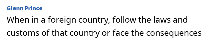 Screenshot of a social media comment by Glenn Prince warning about following laws abroad related to a deleted tweet case.