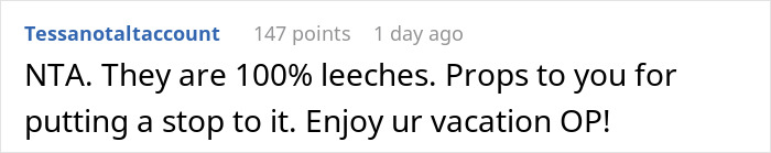 Screenshot of a Reddit comment calling out parents for using a couple for free babysitting during vacation. Screenshot of a Reddit comment calling out parents for using a couple for free babysitting during vacation.