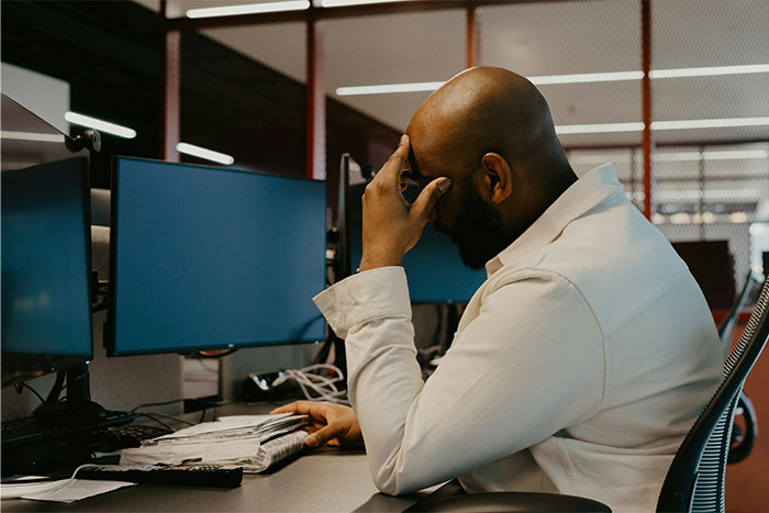 Worker in office, looking stressed while sitting at a desk with multiple computer screens, project assignment ignored.