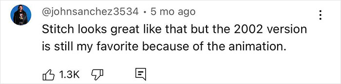 Screenshot of a social media comment praising Stitch&rsquo;s look compared to the 2002 animated version in Lilo & Stitch live-action.