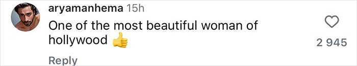 Comment on social media praising a Hollywood actress as one of the most beautiful women, with a thumbs-up emoji.