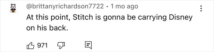 Screenshot of a social media comment expressing Disney fans' outrage over changes to a Lilo & Stitch character's look.