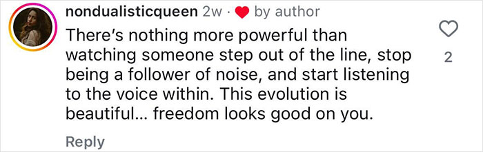 Instagram comment praising personal growth and inner voice, related to former pole dancer turned monk story sparking mixed reactions.