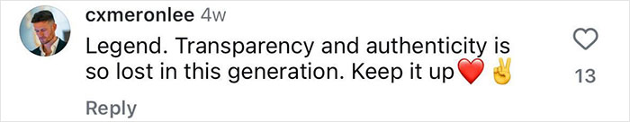 Comment by cxmeronlee praising transparency and authenticity in the generation, expressing support with heart and peace emoji.